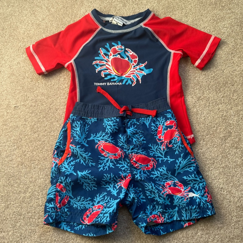 Tommy Bahama swim set, 24m includes rash guard and swim shorts